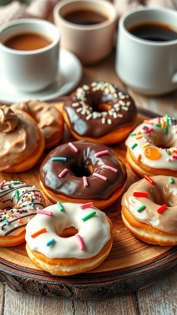 An assortment of donuts including glazed, chocolate frosted, and jelly-filled on a wooden platter with coffee.